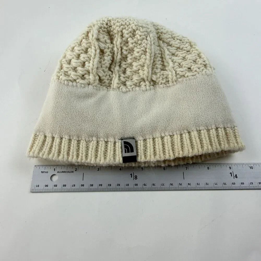 North Face Beanie Ivory CableKnit Hat OS Wool Acrylic Alpaca Unisex Fleece Lined